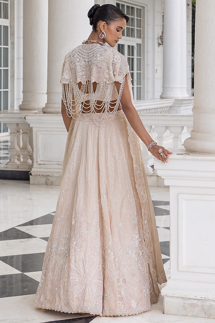 Pink Satin Organza Sequin Embellished Jacket Bridal Lehenga Set by House of Armuse at Pernia's Pop Up Shop