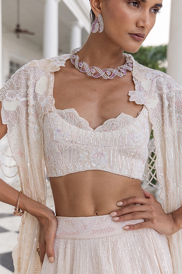 Pink Satin Organza Sequin Embellished Jacket Bridal Lehenga Set by House of Armuse at Pernia's Pop Up Shop