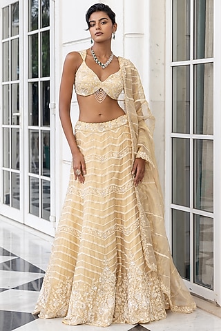 Golden Tissue Thread Embellished Lehenga Set by House of Armuse