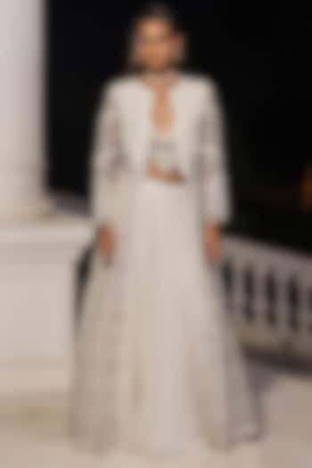 White Chiffon Thread Embellished Jacket Wedding Lehenga Set by House of Armuse at Pernia's Pop Up Shop