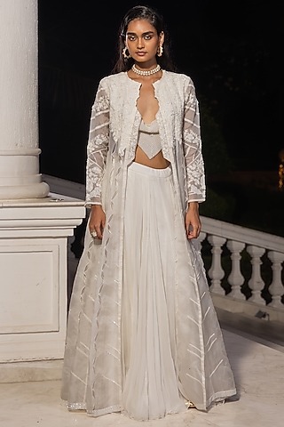 White Chiffon Thread Embellished Jacket Lehenga Set by House of Armuse