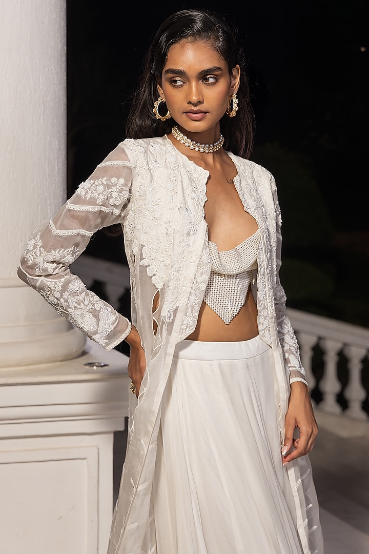 White Chiffon Thread Embellished Jacket Wedding Lehenga Set by House of Armuse at Pernia's Pop Up Shop