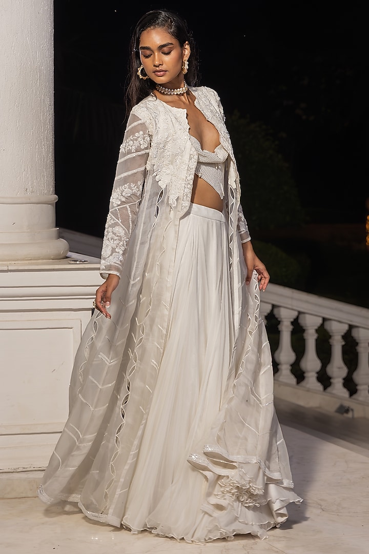 White Chiffon Thread Embellished Jacket Wedding Lehenga Set by House of Armuse at Pernia's Pop Up Shop