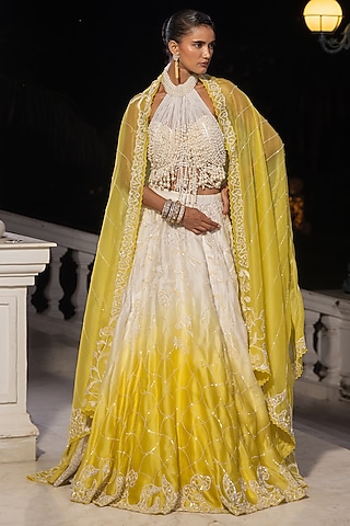 Yellow & Ivory Organza Ombre Lehenga Set by House of Armuse