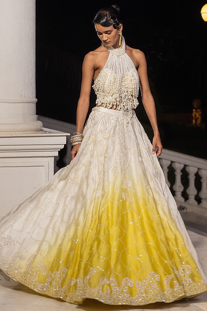 Yellow & Ivory Organza Ombre Bridal Lehenga Set by House of Armuse at Pernia's Pop Up Shop