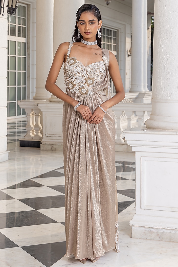 Champagne Shimmer Chiffon Floral Applique Embroidered Pre-Draped Wedding Gown by House of Armuse at Pernia's Pop Up Shop
