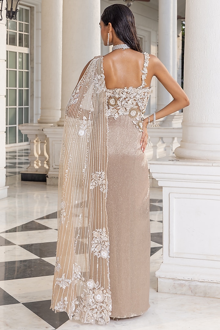 Champagne Shimmer Chiffon Floral Applique Embroidered Pre-Draped Wedding Gown by House of Armuse at Pernia's Pop Up Shop