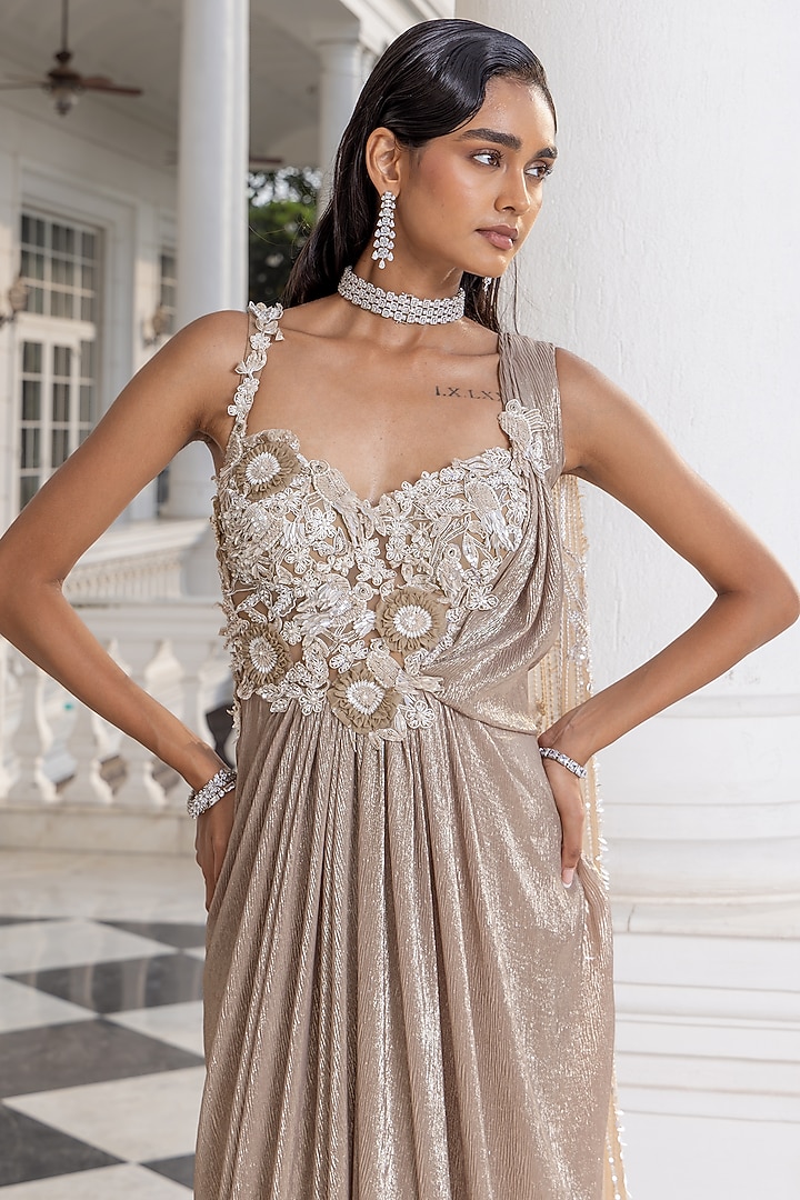 Champagne Shimmer Chiffon Floral Applique Embroidered Pre-Draped Wedding Gown by House of Armuse at Pernia's Pop Up Shop