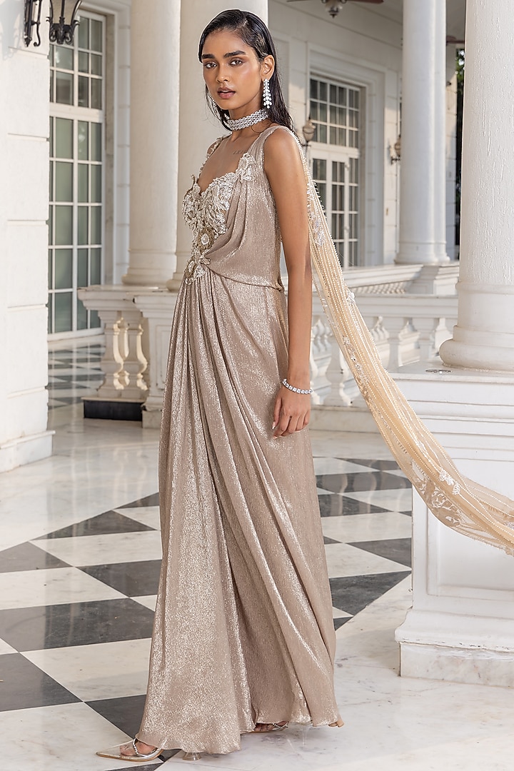 Champagne Shimmer Chiffon Floral Applique Embroidered Pre-Draped Wedding Gown by House of Armuse at Pernia's Pop Up Shop