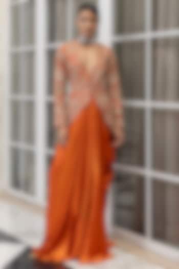Orange Satin Draped Skirt Set by House of Armuse at Pernia's Pop Up Shop
