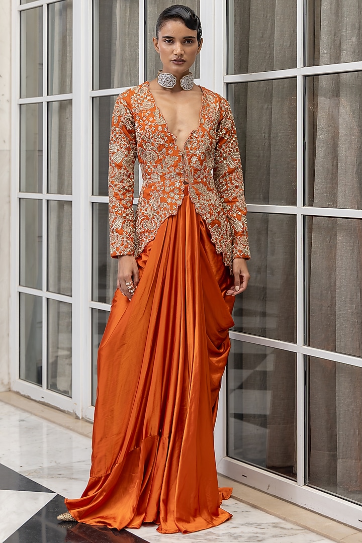Orange Satin Draped Skirt Set by House of Armuse at Pernia's Pop Up Shop