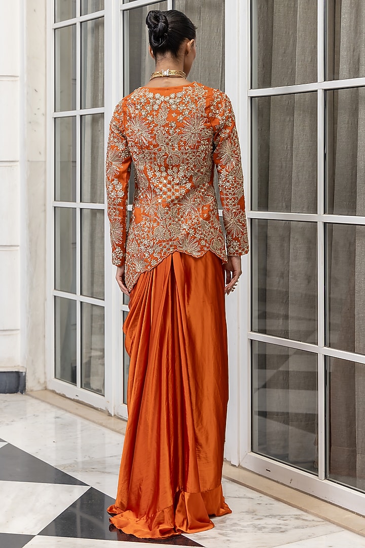Orange Satin Draped Skirt Set by House of Armuse at Pernia's Pop Up Shop