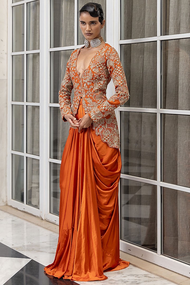 Orange Satin Draped Skirt Set by House of Armuse at Pernia's Pop Up Shop
