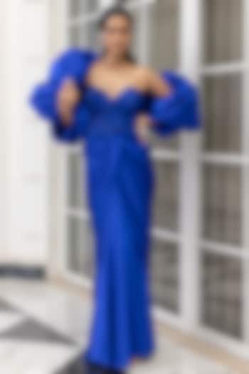 Blue Satin Sequin Hand Embroidered Wedding Gown With Cape by House of Armuse at Pernia's Pop Up Shop