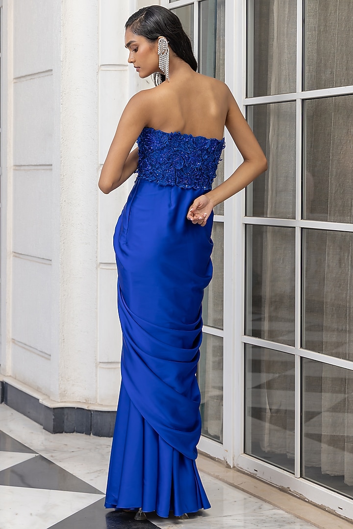 Blue Satin Sequin Hand Embroidered Wedding Gown With Cape by House of Armuse at Pernia's Pop Up Shop