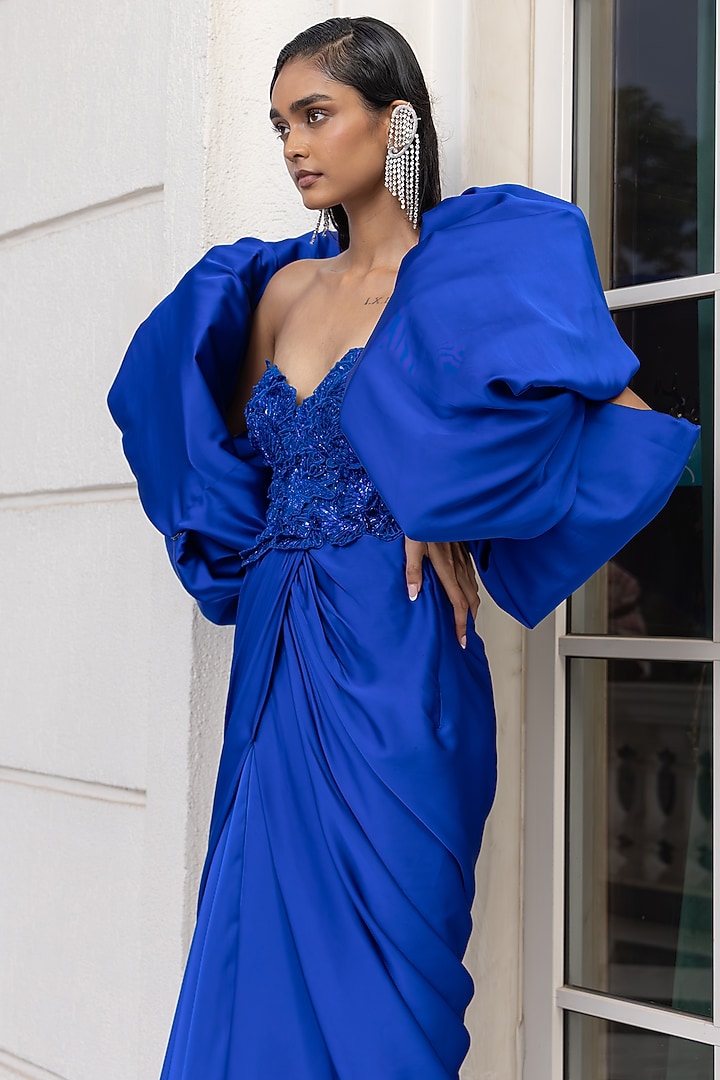 Blue Satin Sequin Hand Embroidered Wedding Gown With Cape by House of Armuse at Pernia's Pop Up Shop