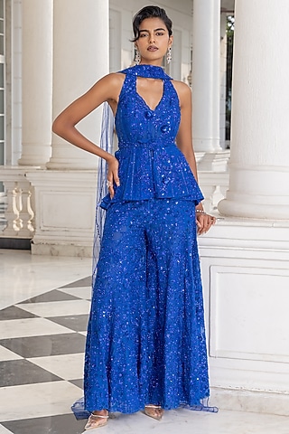 Blue Organza Bead Work Sharara Set by House of Armuse
