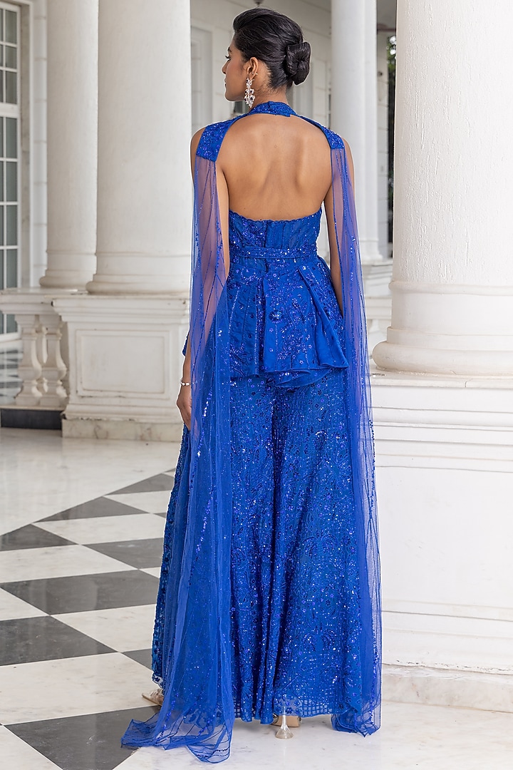 Blue Organza Bead Work Bridal Sharara Set by House of Armuse at Pernia's Pop Up Shop