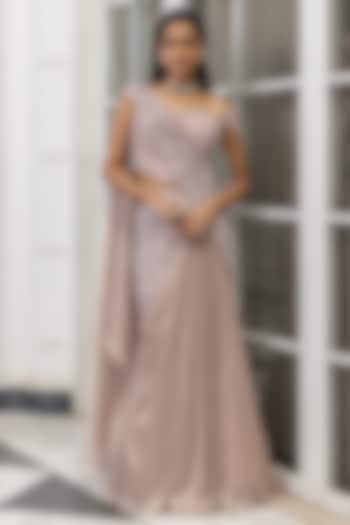 Peach Crinkle Shimmer Sequin Embroidered Pre-Draped Reception Saree Set by House of Armuse at Pernia's Pop Up Shop