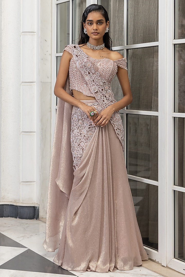 Peach Crinkle Shimmer Sequin Embroidered Pre-Draped Reception Saree Set by House of Armuse at Pernia's Pop Up Shop