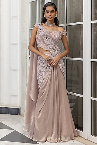 Peach Crinkle Shimmer Sequin Embroidered Pre-Draped Saree Set by House of Armuse