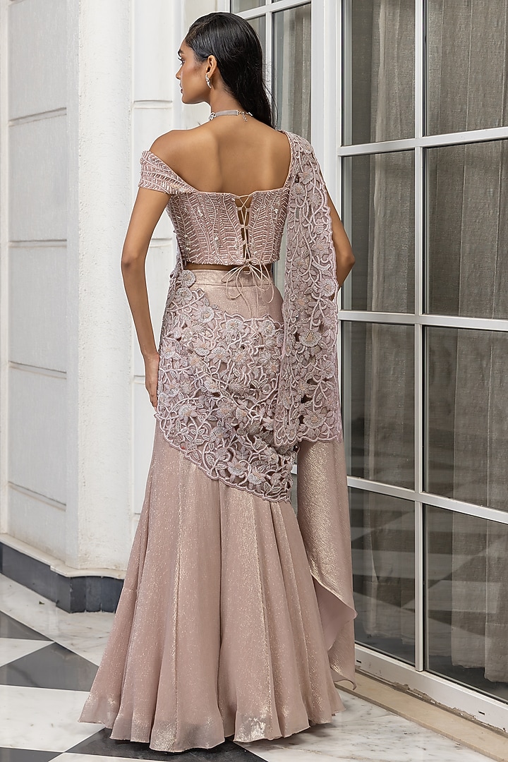 Peach Crinkle Shimmer Sequin Embroidered Pre-Draped Reception Saree Set by House of Armuse at Pernia's Pop Up Shop