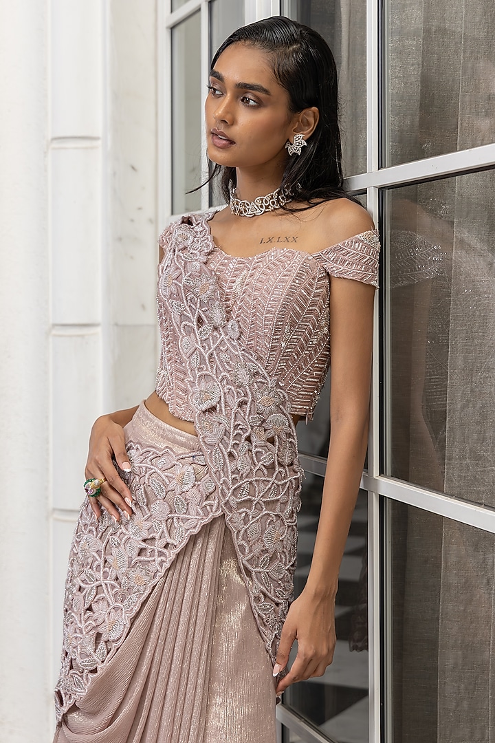 Peach Crinkle Shimmer Sequin Embroidered Pre-Draped Reception Saree Set by House of Armuse at Pernia's Pop Up Shop