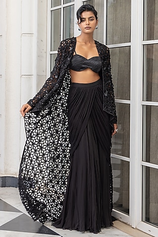 Black Satin Skirt Set by House of Armuse