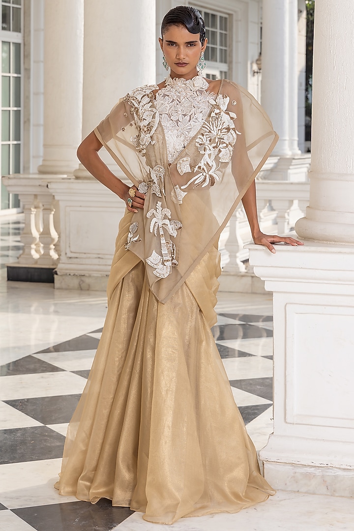 Peach Tissue Floral Embellished Jacket Wedding Lehenga Set by House of Armuse at Pernia's Pop Up Shop