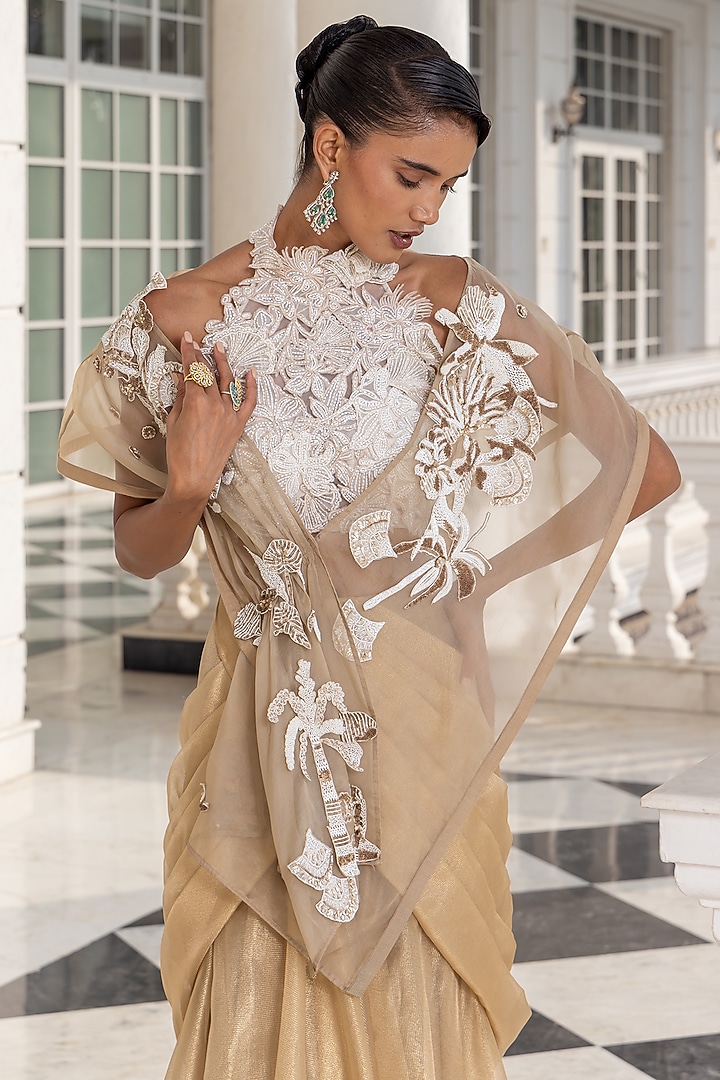 Peach Tissue Floral Embellished Jacket Wedding Lehenga Set by House of Armuse at Pernia's Pop Up Shop
