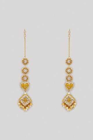 Yellow Beaded & Dabka Hand Embroidered Dangler Earrings by Hanom
