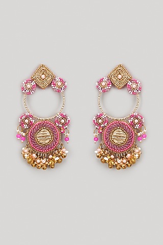 Pink & Purple Beaded Hand Embroidered Dangler Earrings by Hanom