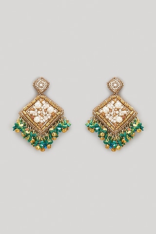 Gold Beaded & Pearl Hand Embroidered Dangler Earrings by Hanom