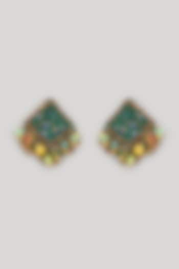 Green Beaded & Ghungroo Tassel Hand Embroidered Dangler Earrings by Hanom