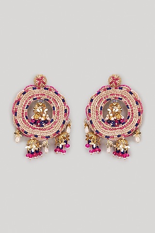 Dabka & Floral Tassel Hand Embroidered Dangler Earrings by Hanom