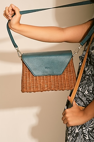 Natural & Blue Handwoven Box Sling by Hans (Handmade)