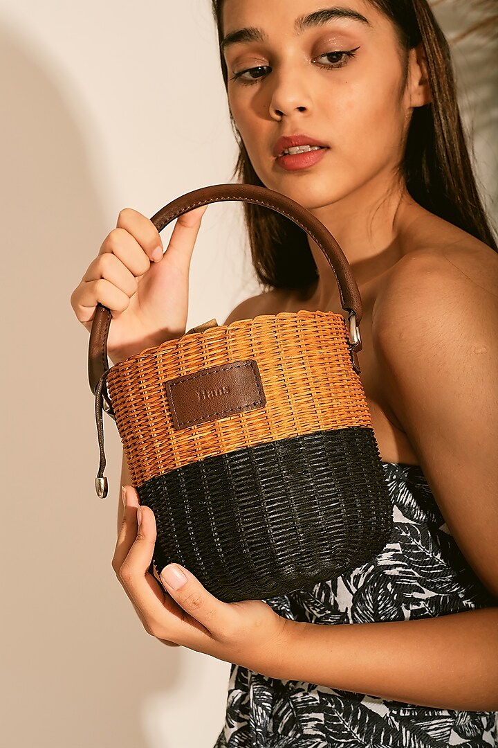 Natural & Black Handwoven Bucket Sling by Hans (Handmade) at Pernia's Pop Up Shop