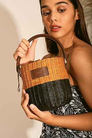 Natural & Black Handwoven Bucket Sling by Hans (Handmade)