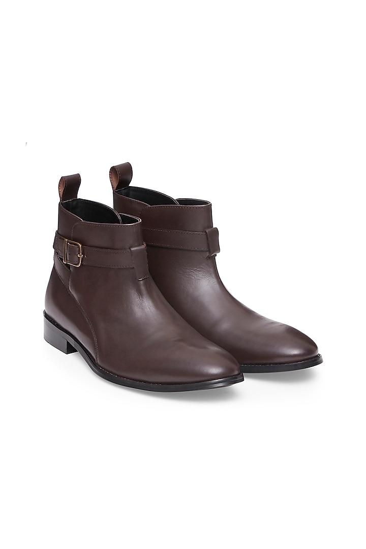 Brown Handcrafted Boots In Leather by HATS OFF ACCESSORIES