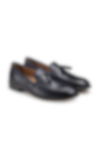 Navy Blue Penny Loafers In Leather by HATS OFF ACCESSORIES