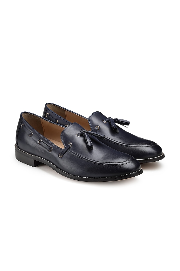 Navy Blue Penny Loafers In Leather by HATS OFF ACCESSORIES