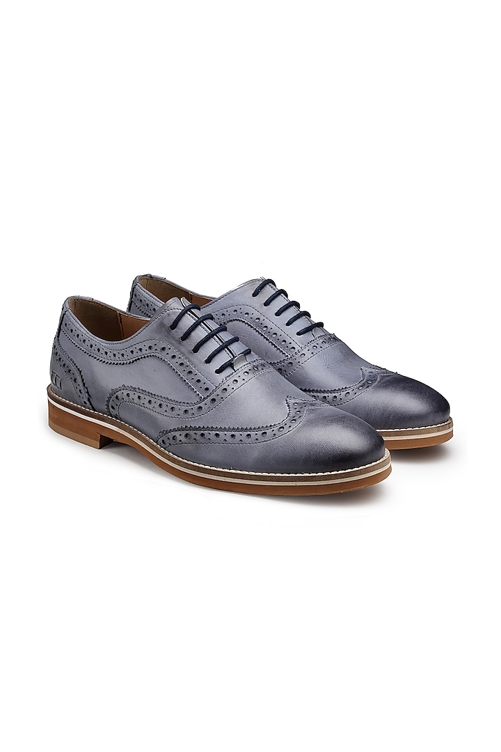 Navy Blue Brogues Shoes In Leather by HATS OFF ACCESSORIES