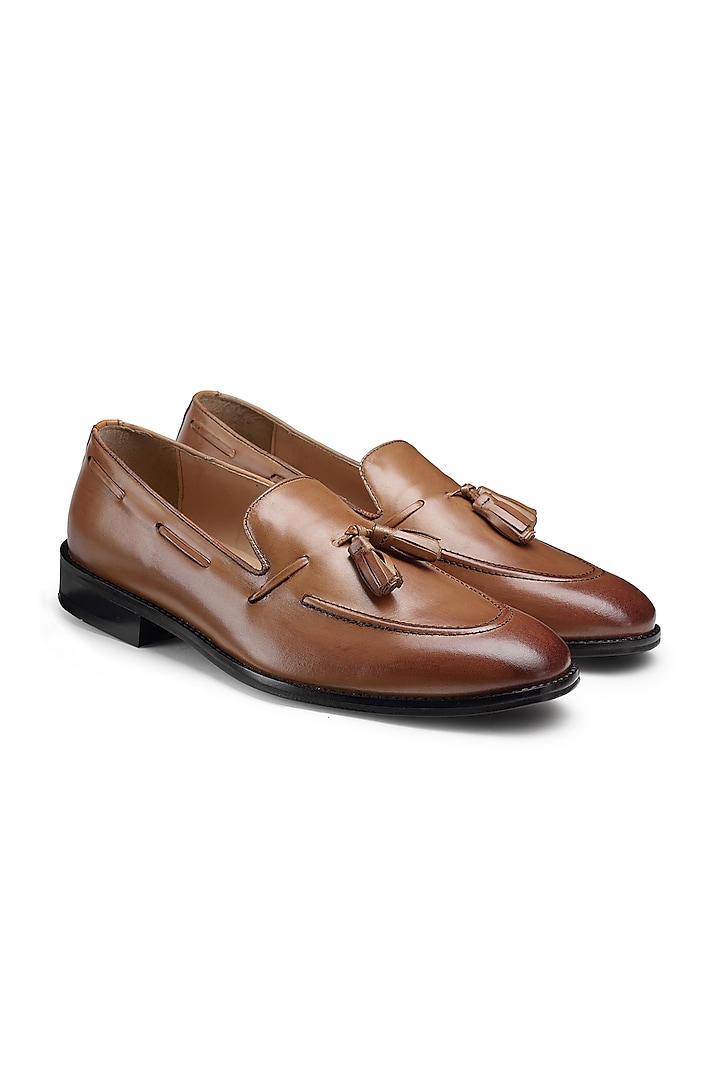 Tan Handcrafted Loafers In Leather by HATS OFF ACCESSORIES