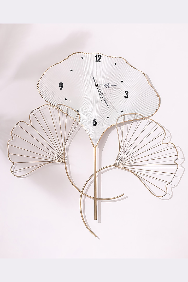 White & Gold Metal Leaf-Shaped Wall Clock by Order Happiness
