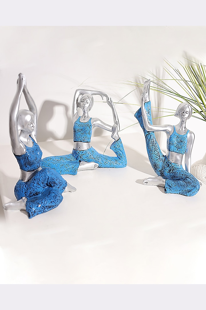 Silver & Blue Resin Yoga Lady Sculptures (Set of 3) by Order Happiness