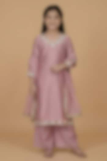 Onion Pink Katan Silk Mirror Embroidered Kurta Set For Girls by Harmony at Pernia's Pop Up Shop