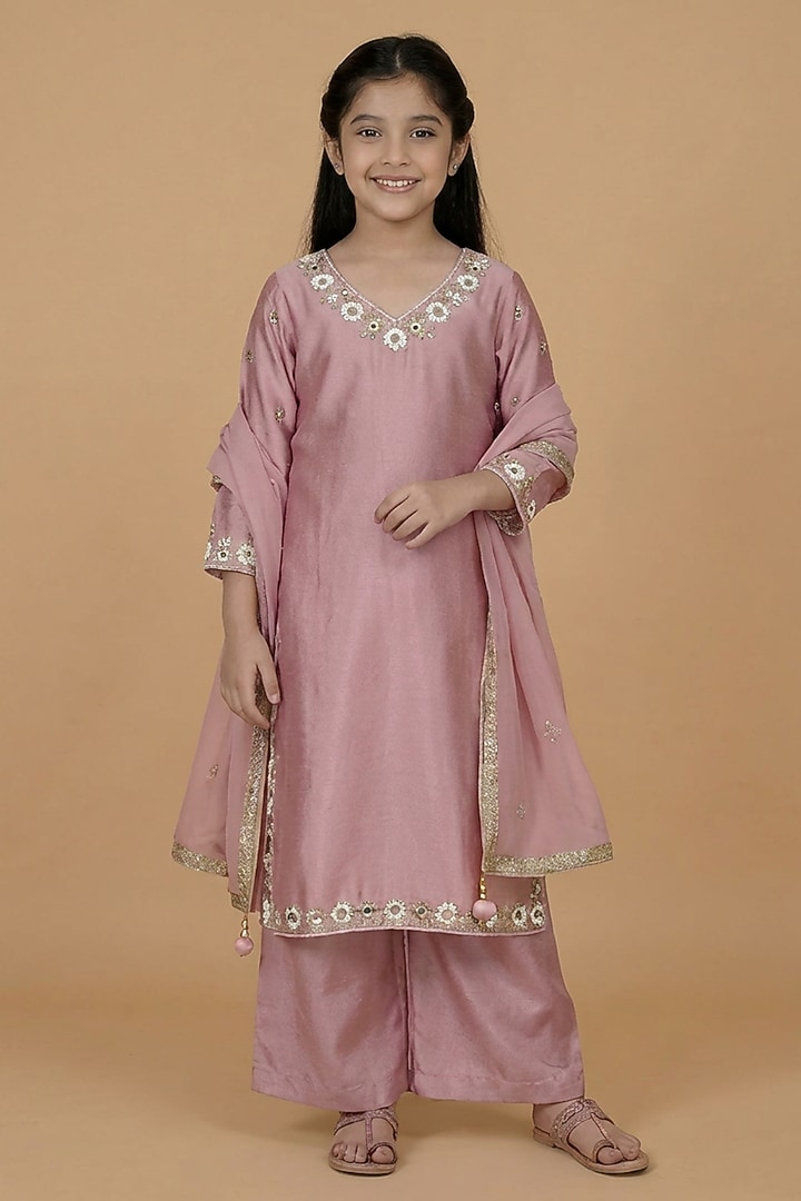 Onion Pink Katan Silk Mirror Embroidered Kurta Set For Girls by Harmony at Pernia's Pop Up Shop