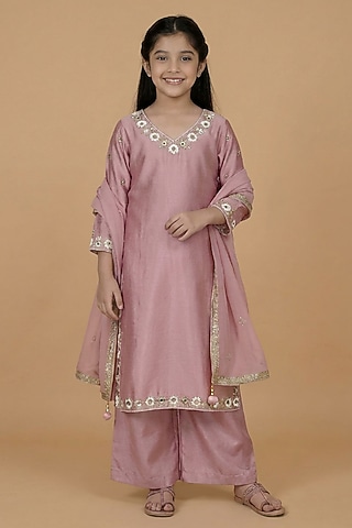 Onion Pink Katan Silk Mirror Embroidered Kurta Set For Girls by Harmony