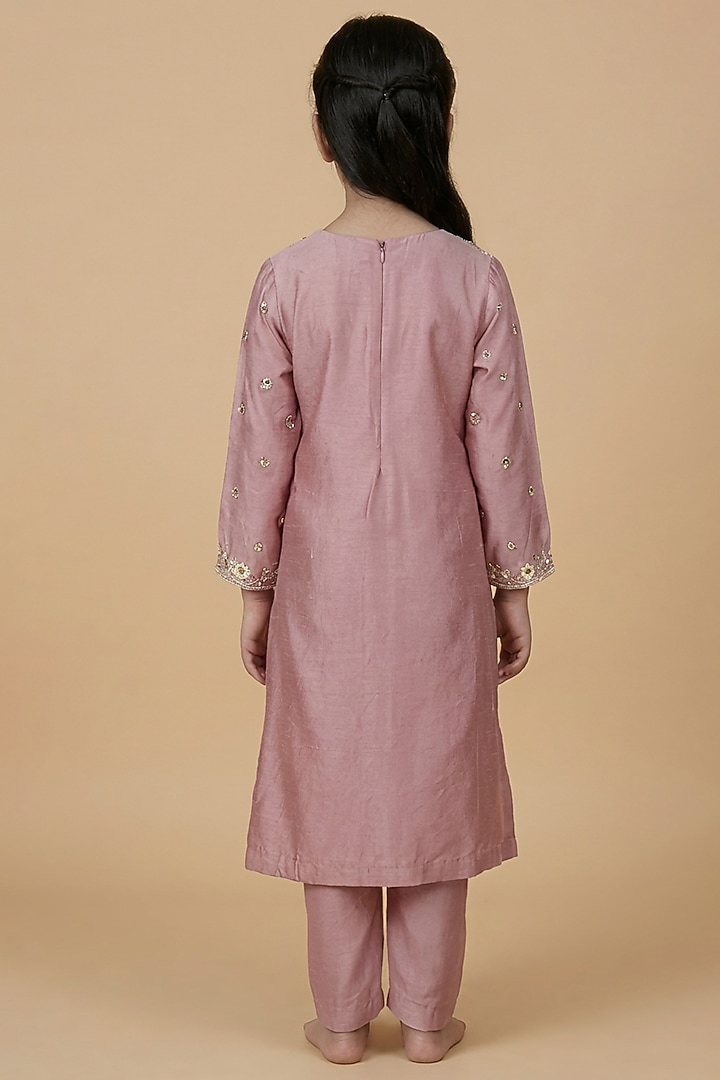 Onion Pink Katan Silk Mirror Embroidered Kurta Set For Girls by Harmony at Pernia's Pop Up Shop