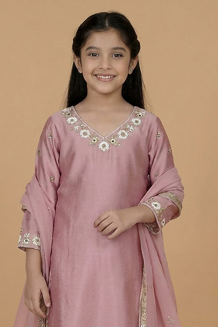 Onion Pink Katan Silk Mirror Embroidered Kurta Set For Girls by Harmony at Pernia's Pop Up Shop